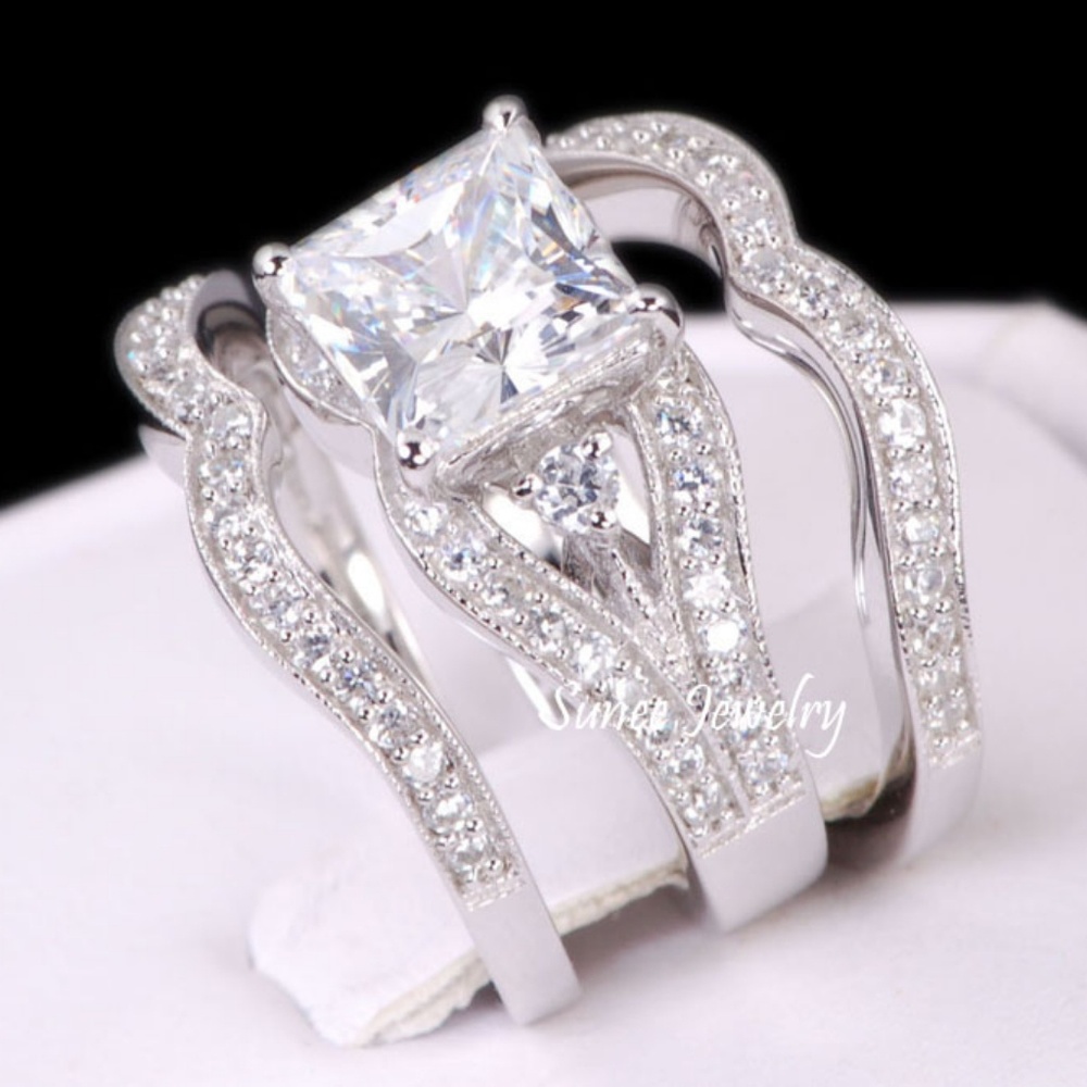 Real 925 Princess Cut Wedding Engagement Ring Set silver approx 1.5 carats